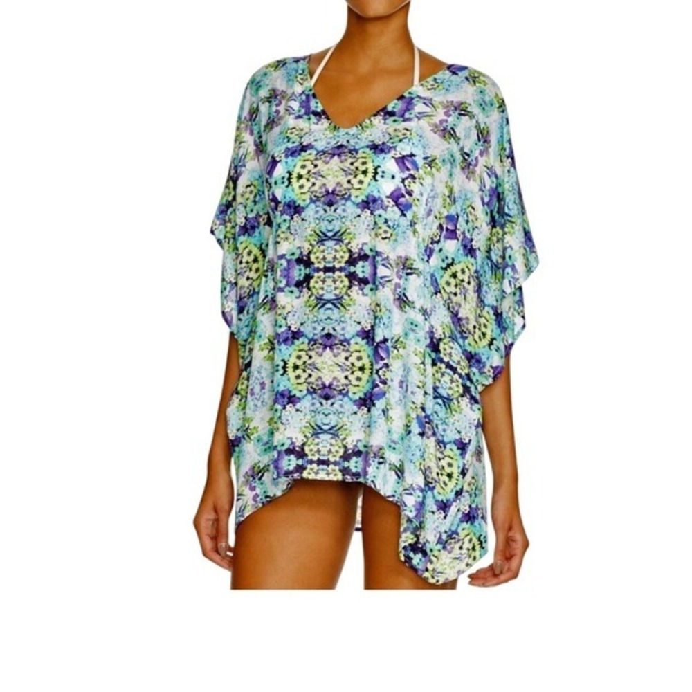 Nanette‎ Lepore Swim Floral Caftan Blue Green Sheer Cover-Up Size M